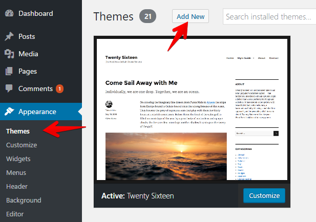 Wordpress theme install dialog